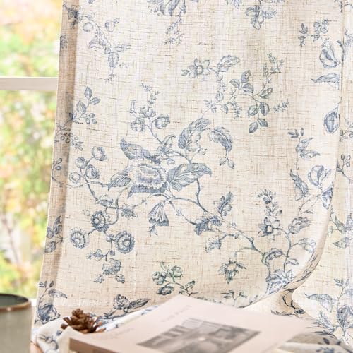 jinchan Linen Curtains 96 inch Blue Floral Farmhouse Rod Pocket 2 Panels - color: Amlie Blue, size: 50"W x 96"L (Pack of 2)