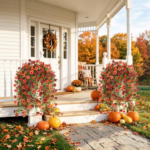 Artificial Fall Flowers for Outdoors UV Resistant Orange Fake Mums Decor - color: Dark Red+orange