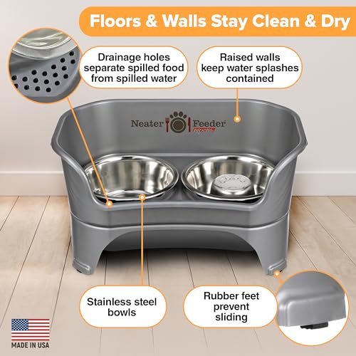 Neater Feeder - Express Model w/ Slow Feed Bowl - Mess-Proof Dog Bowls (M/L, Grey) Made in USA – Elevated, No Spill, Non-Tip, Non-Slip, Raised Stainless Steel Food/Water Pet Bowls Aid Digestion - color: Gunmetal Grey, size: Medium to Large w/ Metal Slow F