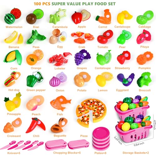 100 Pcs Play Food Set for Kids Kitchen, Pretend Food Toy for Toddlers, Play Kitchen Toys Accessories with 2 Baskets, Cutting Fake Food/Fruit/Vegetable, Christmas Birthday Gifts for Boys and Girls - color: Pink