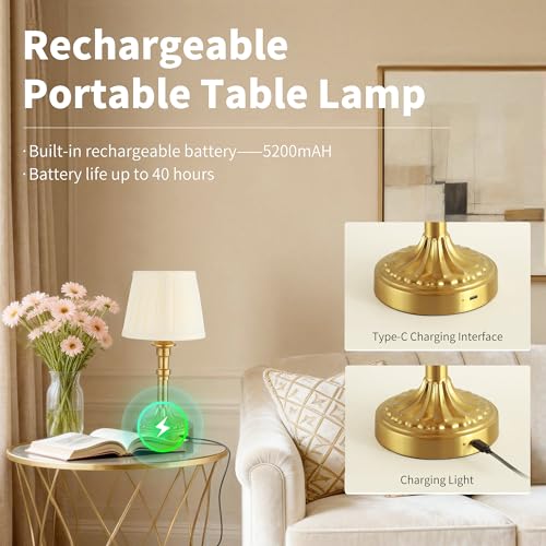 Mr.White Set of 2 Rechargeable Cordless Table Lamp with Fabric Shade, 5200mAh Battery Operated LED Table Light, for Restaurant Kitchen Patio Dinner Dining (Bronze) - color: 12.4" Bronze (2 Pack)