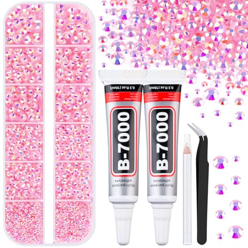 6100Pcs Jelly Resin Rhinestones for Crafting with 2Pcs 10ml B7000 Jewelry Glue, 1 Box Flatback Crystals Diamond (Light Pink AB) for Bedazzling Crafts DIY Nail Art Non Hotfix Gems for Clothing Shoes - color: Light Pink AB, size: 1 Small Pack + 2Pc Glue