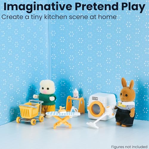 Family Dollhouse Laundry Set — Washing Machine, Ironing Board & Iron, Vacuum, Storage Stand & Rolling Cart — Dollhouse Furniture & Accessories for Ages 3+ - style: Laundry Set