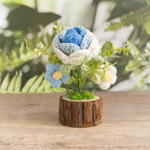Crochet Blue Rose Flowers Bouquet for Women Office Desk Decor - color: Gradient Blue Roses