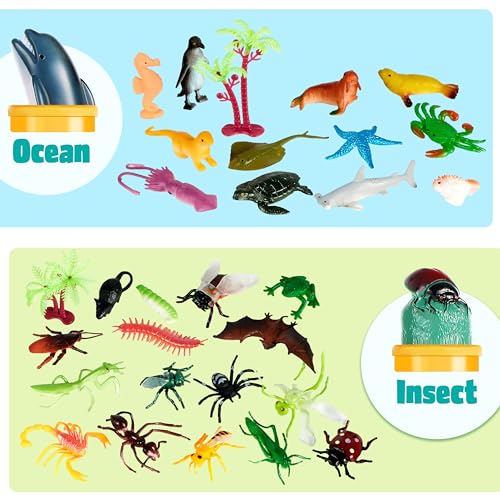 JOYIN 69 Pcs Small Animal Figures, Mini Jungle Toy Set with Sensory Bin, Realistic Wild Forest Playset, Zoo, Ocean, Farm Animals Figurines, Dinosaur Party Favors, Easter Gifts for Boys and Girls 3-5