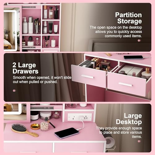 Small Makeup Vanity Desk with Lighted Mirror & Charging Station, Compact Vanity Set with Stool, Hair Dryer Holder, 2 Drawers & Storage Shelves, Space-Saving for Girls Bedroom (Pink) - color: Pink