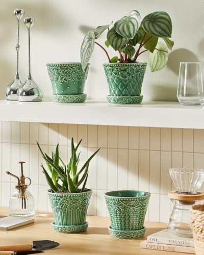 Metahom 4.9 Inch Ceramic Pots for Plants, Flower Pots Set of 4, Green Color - color: Green, size: 4.9 Inch