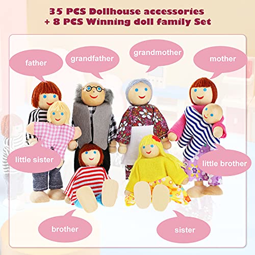 Sumind 35 Pcs Wooden Dollhouse Furniture with 8 Family Figures, Montessori Educational Wood Dolls House Accessories for 1:12 Scale, Preschool Imaginative Play Kit for Girls and Boys - style: Classic Style