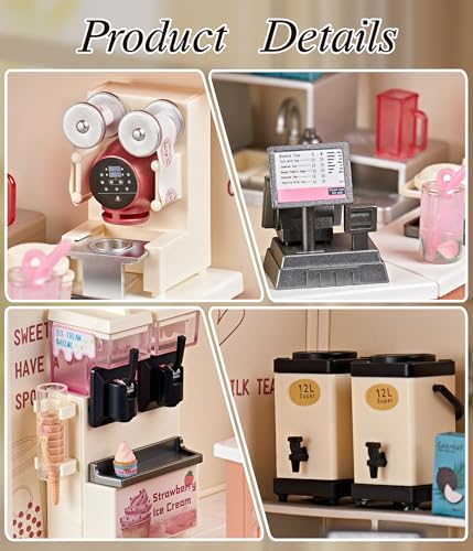 Bubble Tea Shop DIY Miniature House Kit with Roof & LED Light, Stackable & Connectable Dollhouse Kit with Dustproof Doors, Creative DIY Crafts Building Toy Gift for Adults Teens - color: Milk Tea Shop, size: Meduim