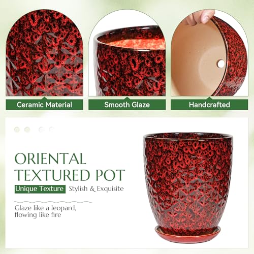 11.8 Inch Flower pots for Indoor Plants,Ceramic Planter with Saucer Drainage Leak-Proof Mesh Gardening Gloves (Diamond Red) - color: Diamond Red, size: 11.8 Inch
