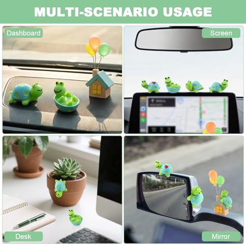 4 Pcs Mini Resin Tortoise Figurines with Blue Small House Balloon, Small Flowerpot, Cute Car Dashboard Decor, Rearview Mirror Ornaments, Fairy Garden Landscape Decor