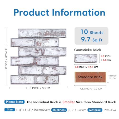 COMSTICKC 3D Peel and Stick Faux Brick Wall Panels for Quick DIY Wall Decor - color: Gray White-1