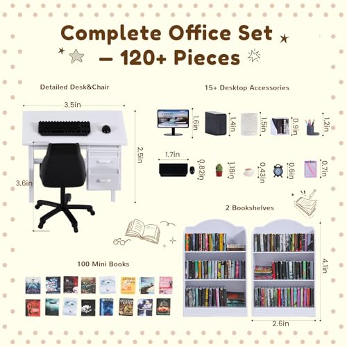 1:12 Scale Mini Desk Set with 100 Mini Books & 2 Bookshelves — Miniature Dollhouse Furniture Set with Office Chair, Computer & 15+ Accessories — Mini Desk Accessories for Doll House Diorama - color: Modern White