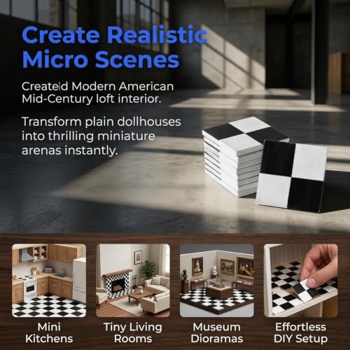 36 Pcs Miniature Dollhouse Wood Flooring Tiles, 1.18x1.18 Inches Black White Checkered Floorboards, 1:12 Scale DIY Micro Furniture Decor Accessories, Tiny House Setup Presents