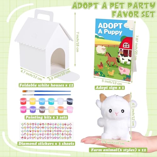 31 Pieces Adopt Farm Animal Party Favors 12 Mini Plush Pet Farm Animals with Keychain Include Adopt a Puppy Sign DIY White House, Paint Brushes Stickers for Birthday DIY Craft Party Gifts