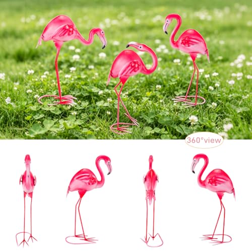 3Pcs Pink Flamingo Garden Statues 15" Metal Flamingo Luau Party Decorations - color: 3 Pack Flamingo