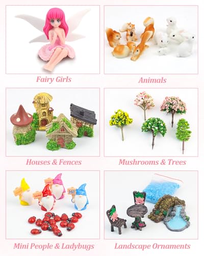 Avalution 112 Pcs Fairy Garden Accessories Kit, Miniature Fairies, Animals, Houses, Bridge and Pond for Planters, Terrariums and DIY Decor - size: 112 Pcs