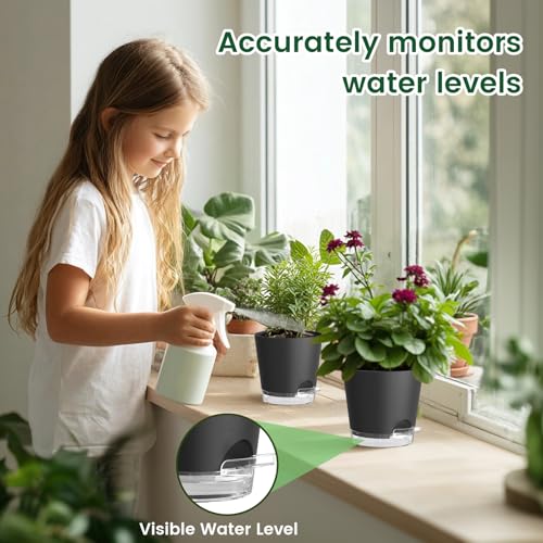 Meowell 4 inch Self Watering Pots for Indoor Plants, 5 Pack Small Flower Plant Pots with Drainage Holes and Clear Reservoirs, Visible Water Level, Plastic Planters with Wicking Rope, Black - color: Black, size: 4in 5pcs