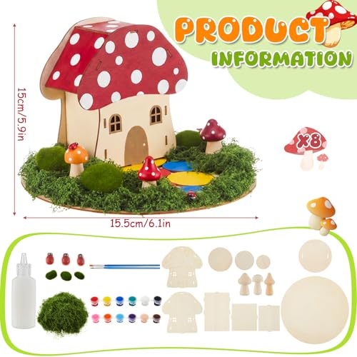 Kathfly 8 Sets Wooden Fairy House DIY Craft Kit for Kids with Paints & Decorations,Unpainted Miniature Garden Accessories for Home Event Party Decorations, Arts Birthday Party Favor (Mushroom Houses) - color: Mushroom Houses