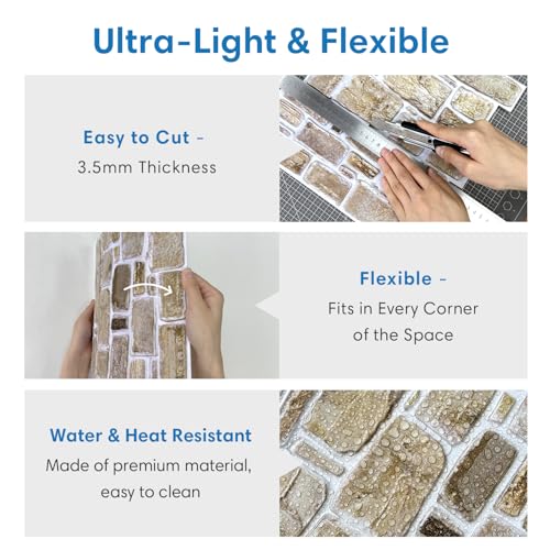 COMSTICKC 3D Faux Stone Wall Panels Peel and Stick, 10 Pcs 11.8" x 11.8" - color: Brown - 01