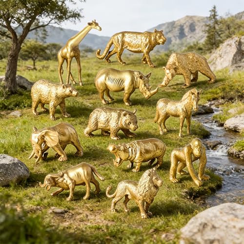 24pcs Gold Animal Figurines Toys, Plastic Safari & Farm Animals Figures, Miniature Zoo Jungle Animals for Cake Toppers Birthday Gift Party Decoration