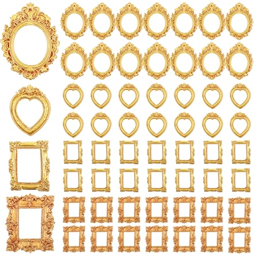 60Pcs Mini Vintage Gold Picture Frames, Small Resin Antique Frames for DIY Crafts, Jewelry Display, Tabletop Wedding Decor, and Photography Props (4 Styles, Oval, Rectangle, Heart)
