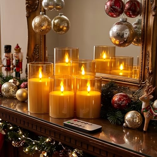 NICEME Amber Flickering Flameless Candles Battery Operated Acrylic LED Pillar Candles with Remote Control and Timer Flameless Halloween Candles for Thanksgiving Christmas New Year Home Decor, Set of 5 - color: Ivory + Amber Acrylic, size: D 3”×H 4”4”5”5”6