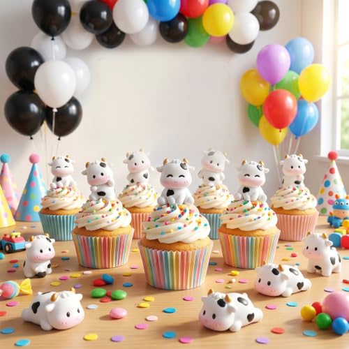 12 PCS Mini Cow Figurines Set, Cute Cow Figurine, Mini Resin Cows Fairy Garden Decor, Farm Animals Miniature Figurines Cow Cake Topper for Birthday Crafts DIY Ornaments
