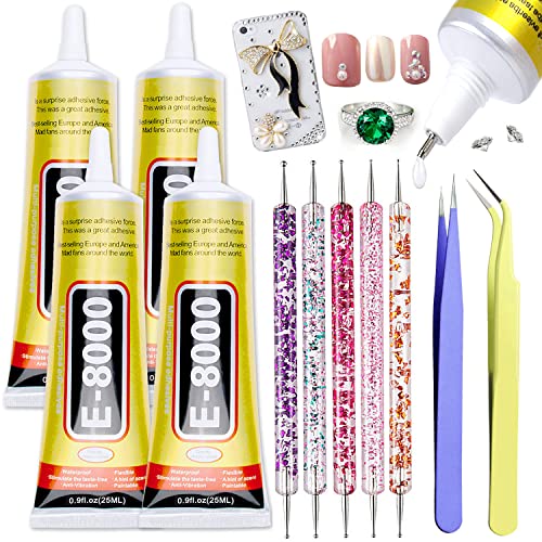 E8000 Super Glue Clear, Upgrade Jewelry B-7000 Glue for Diamond Jewelry Rhinestone Fabric Glue Strength Adhesive for Nail Art DIY Crafts Clothes Shoes Bags with Dotting Pens and Tweezers(4 X 25ML) - color: 4pcs x 25ml Clear glue
