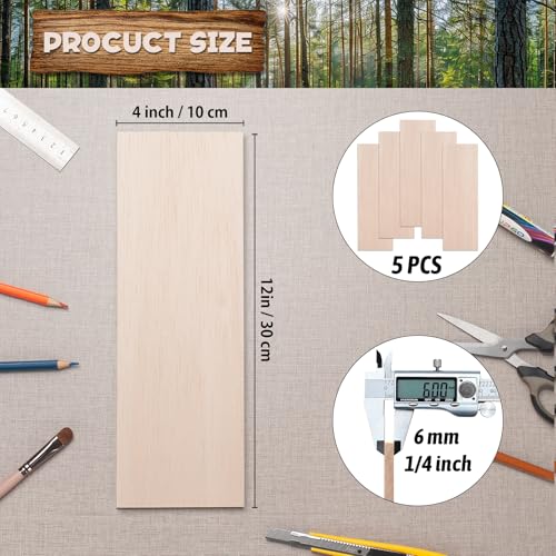 Balsa Wood Sheets 1/4" Thin, 12" x 4" Wood Planks for Crafts, 5 PCS Wooden Boards, Unfinished Wooden Pieces Lumber for Crafting, Modeling, Hobbies, Laser, Glider Airplanes - size: 12″x4″x1/4″ - 5PCS