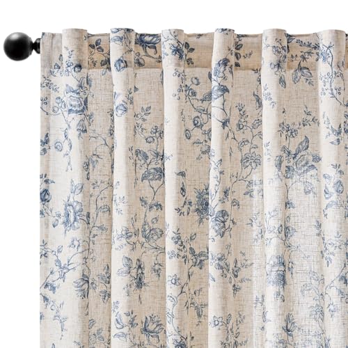 jinchan Linen Curtains 90 inch Blue Floral Farmhouse Rod Pocket 2 Panels - color: Amlie Blue, size: 50"W x 90"L (Pack of 2)