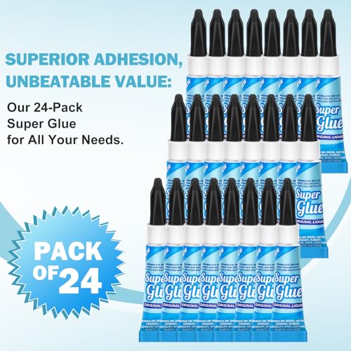 Super Glue Liquid Clear 3 Gram (Pack of 24) for Plastic Metal & Wood – Instant CA Adhesive All Purpose Multipack, Crazy Glue for Ceramic 3D Printing Shoe Crafts, Strong Bonding Single Use Minis - size: 24 x 3G