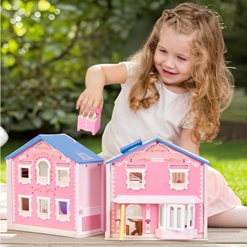 Exquisite Pink Wooden Dollhouse for Girls with Dolls and Furniture