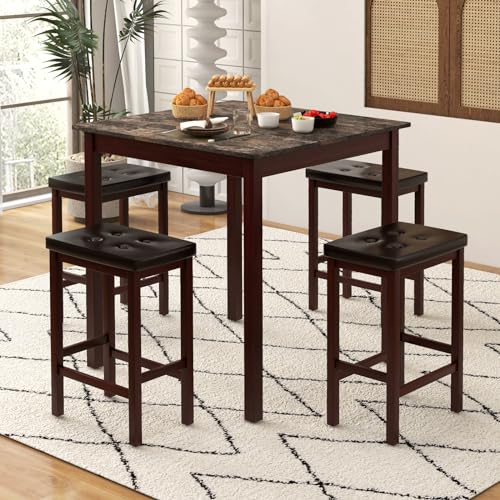 GIANTEX Dining Table Set for 4, Kitchen Table Chairs Set of 4, Counter Height Dining Table Set with 4 Bar Stools, Space-Saving Dinette Table Set for Small Place, Breakfast Nook Table Set (Brown) - color: Brown