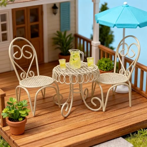 6 PCS Dollhouse Mini Bistro Table & Chairs Set with Resin Lemon Tea Set - color: Beige