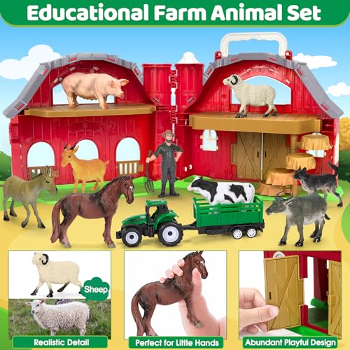 Ellinjan Farm Animals Toys for Toddlers Girls Boys, Big Red Barn Farm with Figures Animals and Tractor Toy for Kids 3 4 5, Farm Playset Educational Learning Toys, Ideal Christmas Birthday Gifts