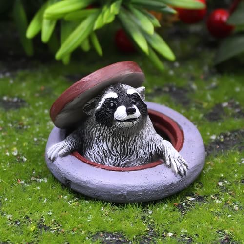 Miniature Raccoon Garden Statue, Fairy Decor with Manhole Cover Design, Cute Raccoon Figurine for Outdoor Plant Pot, Tiny Fairy Garden Accessories, Gift for Mom Grandma Girls Boys - color: Miniature Raccoon