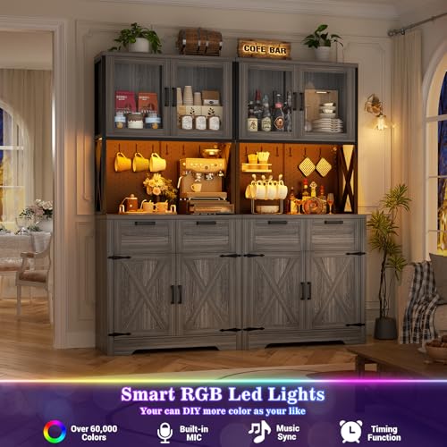 Unikito 71" Tall Kitchen Pantry Storage Cabinet with LED Light & Outlets - color: Enoch Walnut, size: 63 Inch