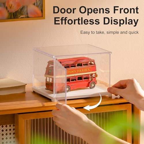 Rolife Acrylic Display Case for Miniature House and Collectibles, Clear Dust Cover Showcase with Door, Stackable Storage Box with White Base(8.1 x 6.9 x 5.4in) - size: 8.1"x6.9"x5.4"