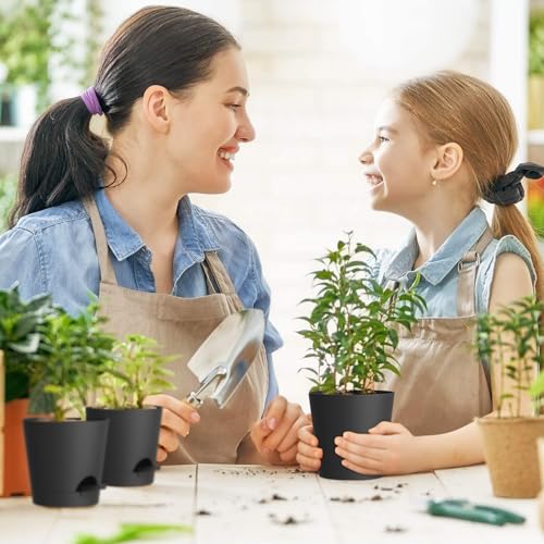 WSMKSZ 4 inch Self Watering Pots for Indoor Outdoor Plants, 6 Pack Plastic Flower Planters with Drainage Holes and Removable Saucers, Plant Pots with Wicking Rope, Modern Decor, Black - color: Black, size: 4inch 6pcs