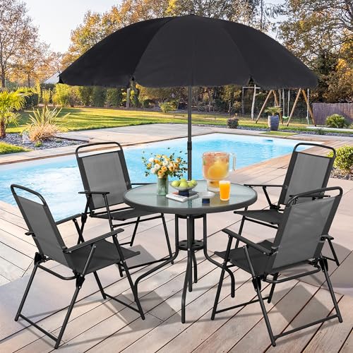 Vongrasig 6 Piece Folding Patio Dining Set,Small Metal Outdoor Garden Patio Table and Chair Set w/Umbrella for Lawn,Deck,Backyard,Black - color: Black