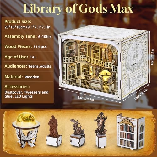 𝐂𝐂𝐂𝐃𝐅 DIY Book Nook Kit, DIY Miniature Dollhouse Booknook Kit, 3D Wooden Puzzle Bookend Bookshelf Insert Decor with LED Light for Adults (Library of Gods Max) - color: Library of Gods Max