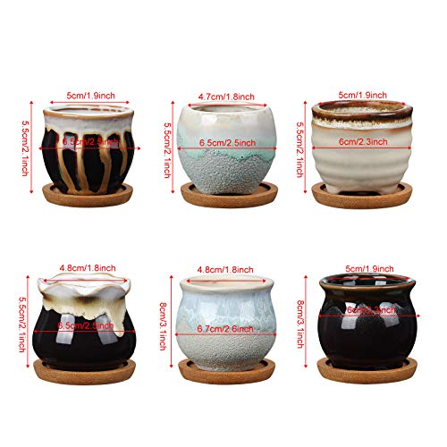 BBTO 6 Set Mini Succulent Pots with Drainage and Bamboo Tray 2.9 x 3.1in