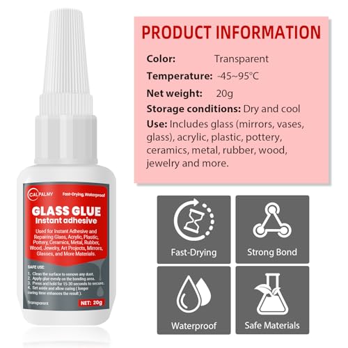 CalPalmy 2-Pack 20g Clear Glass Glue, Fast-Setting Transparent Adhesive with Precision Tips, Strong Invisible Bond for Glass Repair, Acrylic, Jewelry, Ceramics, Crafts & DIY Projects