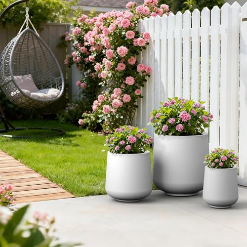 Kante Set of 3 White Concrete Curved Planters 16.5" 13" 9.4" Dia - color: Pure White, size: Set of 3: 15.3" + 11.6" + 8.2" D