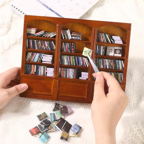 Mini Bookshelf with 240pcs Mini Books Sofa Desk Plant Dollhouse Bookshelf - style: Mini Books with Big Bookshelf