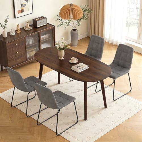 63" Oval Dining Table Set for 4 with Solid Wood Legs - color: Walnut Table C-grey Chairs