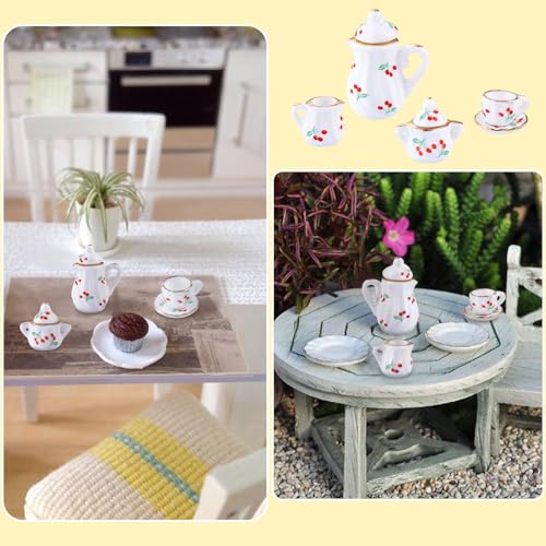 7Pcs Cherry Pattern Handmade Porcelain Mini Tea Sets White Miniature Ceramics Cup Teapot Sugar Bowl Cute Drink Dollhouse Kitchen Accessories for Necklaces Keychain Jewelry Making - color: White With Cherry