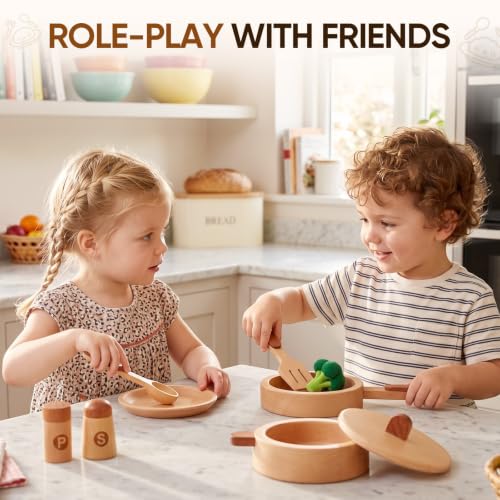 WHOHOLL 15 Pcs Wooden Pots and Pans Set - Play Kitchen Accessories Toys - size: Large