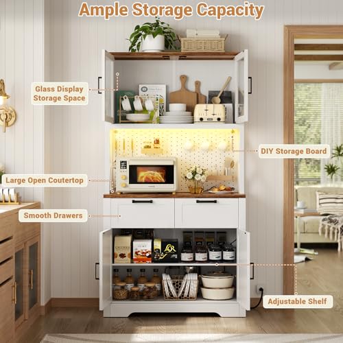 Unikito 71" Kitchen Pantry Cabinet with LED Light & Outlet, Microwave Stand - color: White+rusitc, size: 32 Inch